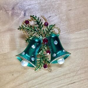 Vintage Christmas Bells Green Gold Tone Brooch Red Rhinestones Holly Faux Pearls